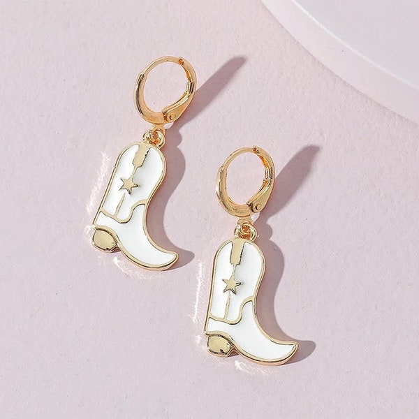 White & Gold cowboy cowgirl boot earrings.