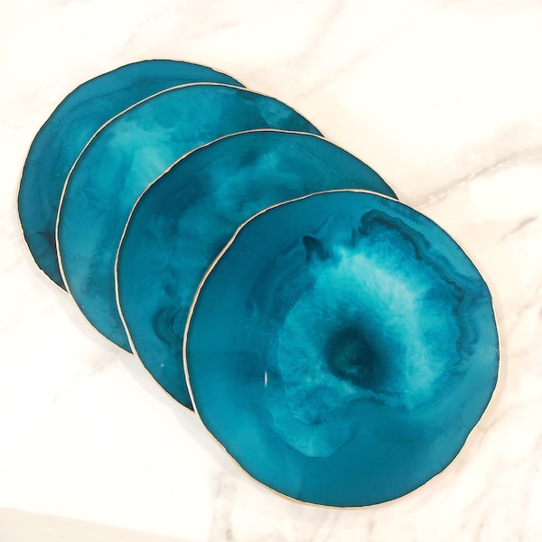 Dark Teal & Gold Resin Coasters, Handmade, Modern Marble Tableware, Boho Home Decor, Custom Drink and Barware Coasters