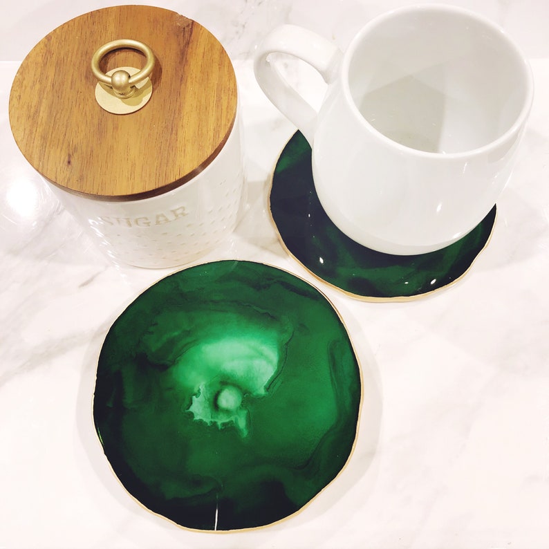 Emerald & Gold Resin Coasters Modern Coasters Large Drink Etsy
