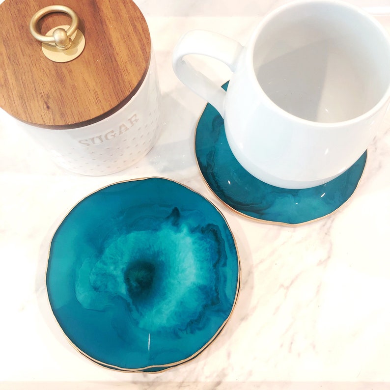 Boho Home Decor Custom Drink and Barware Coasters Modern Marble Tableware Dark Teal /& Gold Resin Coasters