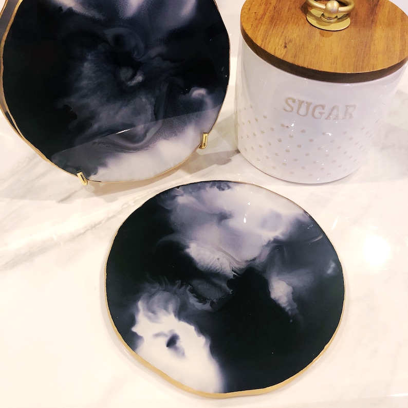Boho Home Decor Custom Drink and Barware Coasters Modern Marble Tableware Dark Teal /& Gold Resin Coasters