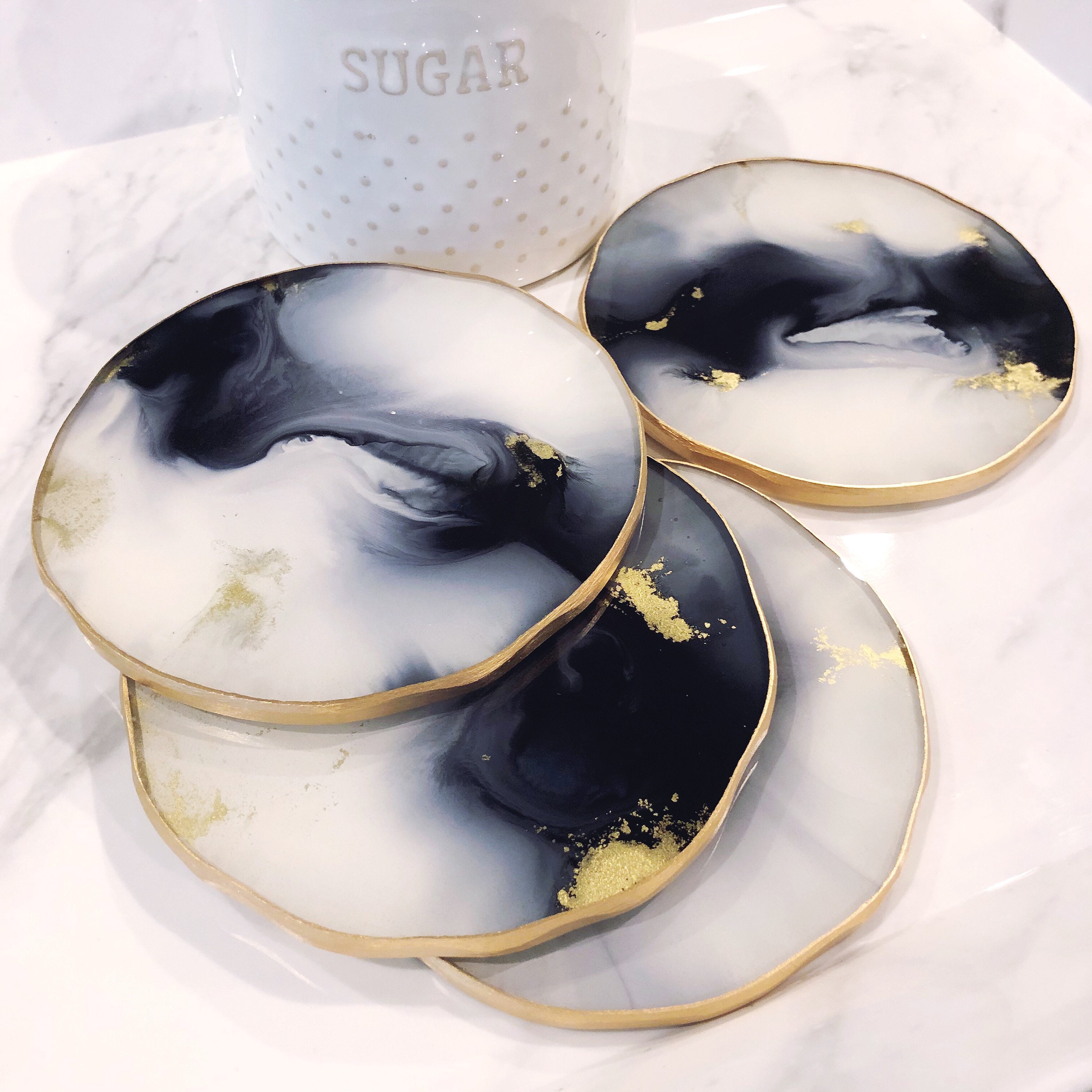 Black White & Gold Resin Coasters 5 coasters Modern Etsy