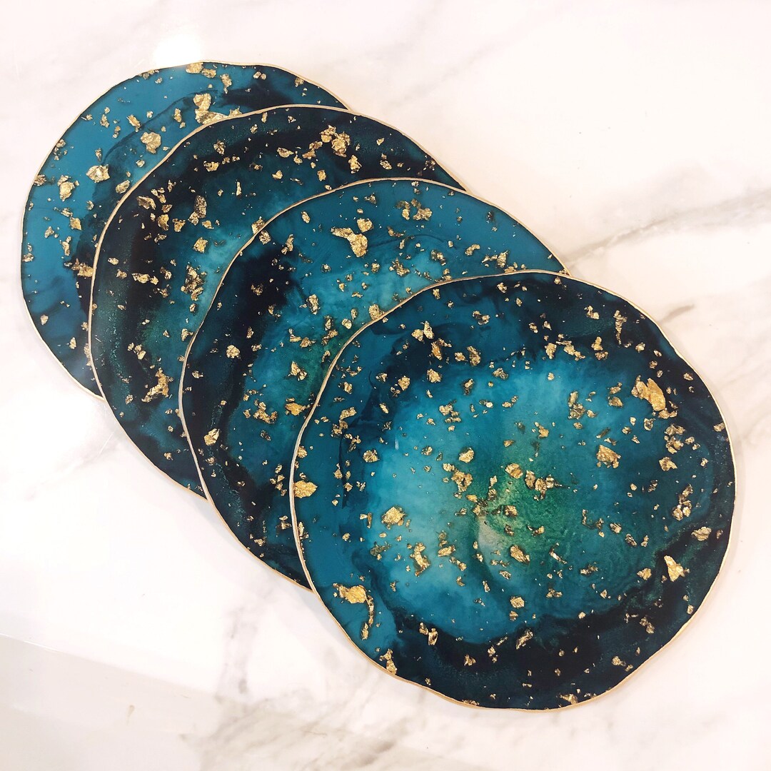 Coaster Tableware Dark Teal & Gold Leaf Handmade Resin Coasters, Modern Style Drink ...