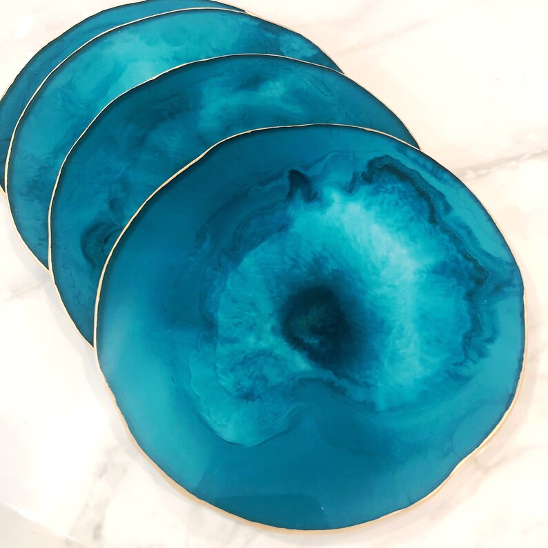 Boho Home Decor Custom Drink and Barware Coasters Modern Marble Tableware Dark Teal /& Gold Resin Coasters