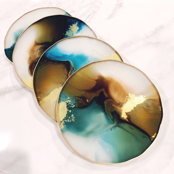 Teal Teakwood Resin Coasters Modern Boho Coasters Handmade