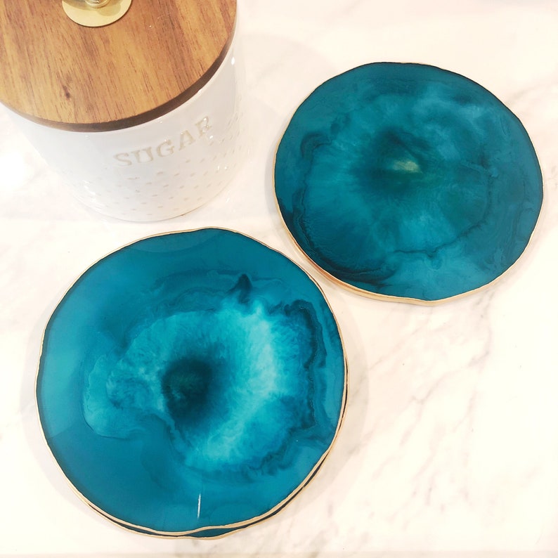 Boho Home Decor Custom Drink and Barware Coasters Modern Marble Tableware Dark Teal /& Gold Resin Coasters