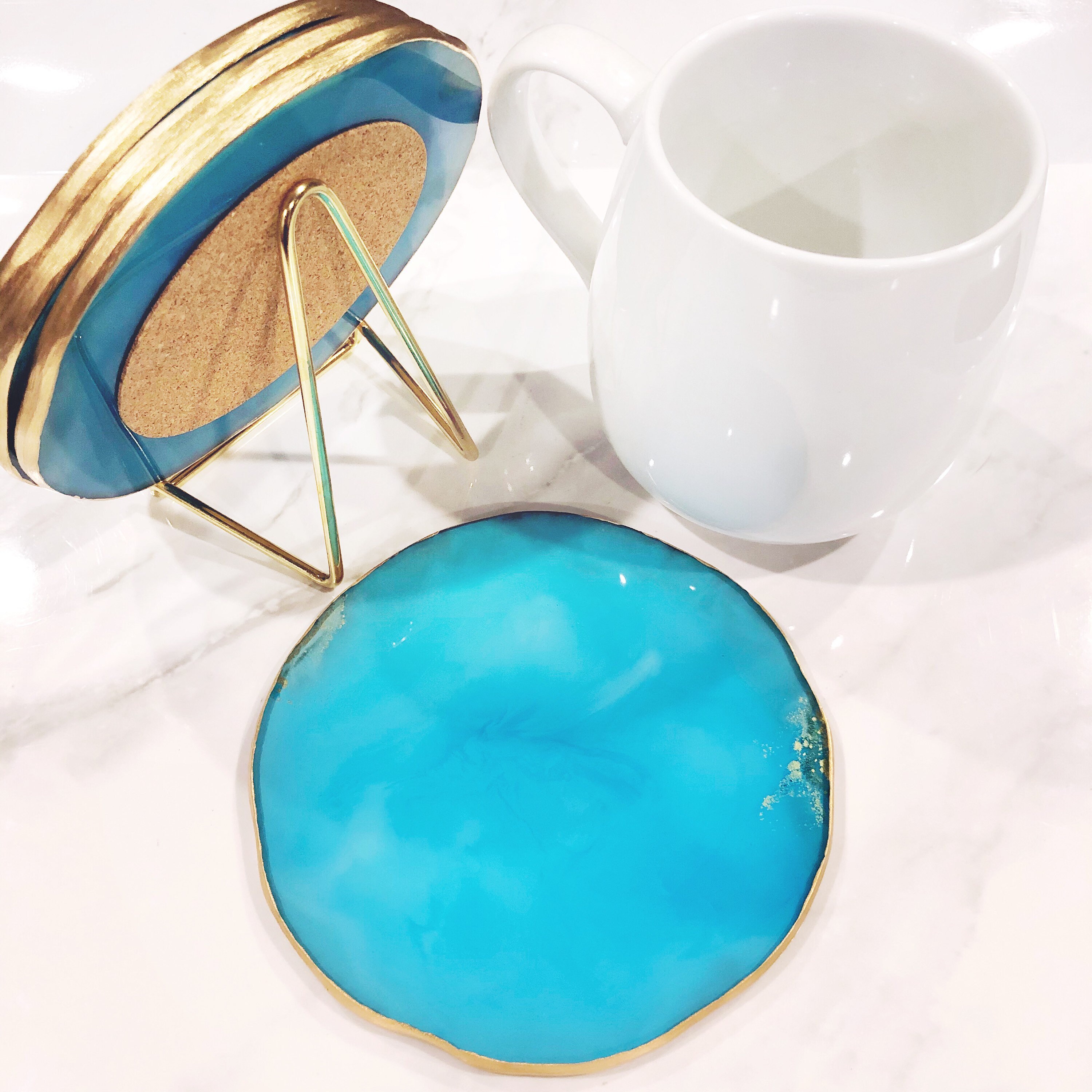 Turquoise & Gold Resin Coasters Set Modern Drink Coasters Etsy