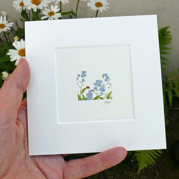 Forget-me-nots and ladybird/ladybug:  print of a miniature watercolour by Jan Taylor.  Tiny art, 1.25 inches square