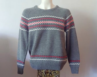 Vintage Norwegian Style Sweater 1980's Gray and Red Ladies M Sears Fashion
