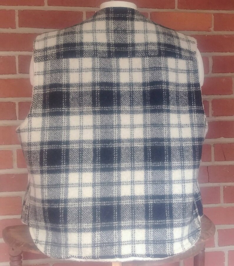 Vintage 70/'s Wool Vest Plaid Black White With Pockets M