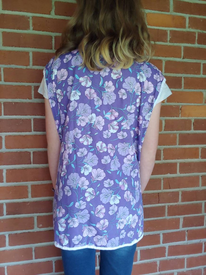 Vintage Smock Apron House Coat Purple Hawaiian Print Pearl Snaps S