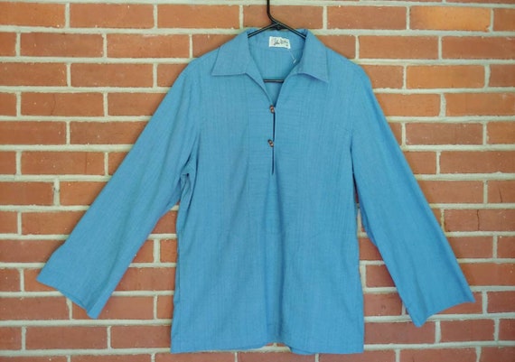 1970's Men's Boho Tunic Shirt Vintage Blue Dashik… - image 1