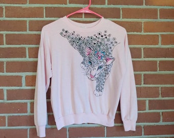 1980's Sparkly Leopard Sweatshirt Girls Medium Pink