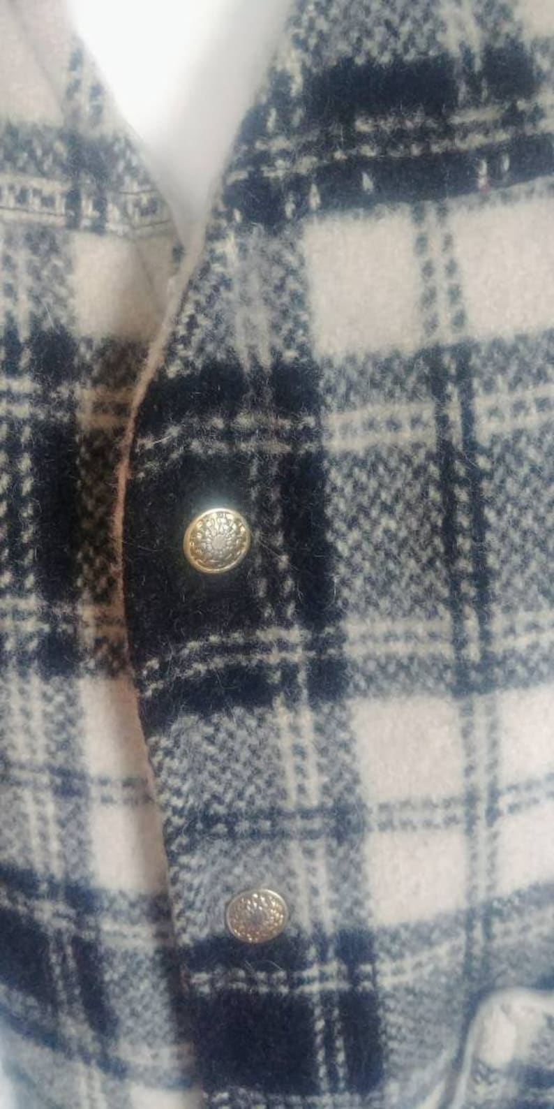 Vintage 70/'s Wool Vest Plaid Black White With Pockets M