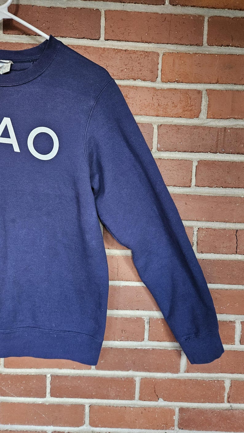 May include: Navy blue sweatshirt with the white letters "AO" on the front. The long-sleeved top is hanging on a white hanger against a red brick wall.