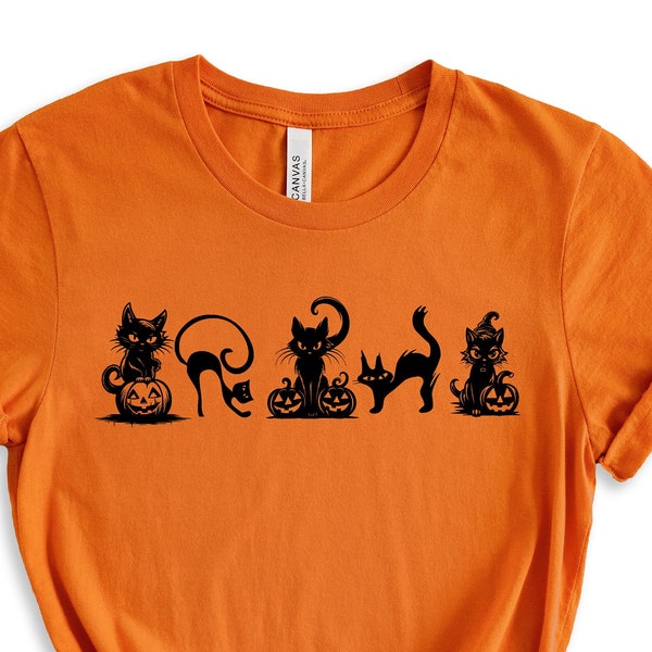 Orange-Black Halloween Shirt, Halloween + Cat Minimal Tee, Halloween Lady Ladies Tasteful Halloween Shirt, Uncluttered Halloween Shirt