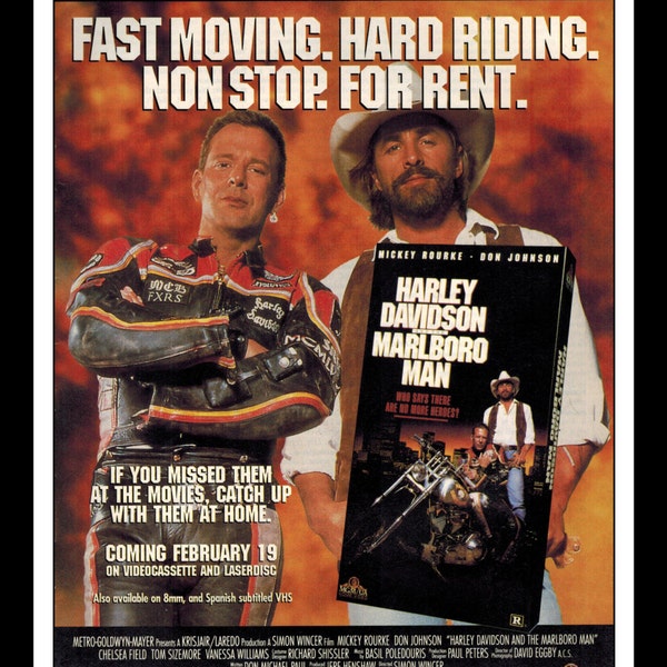 Vintage Print Ad 1980s 1990s : Movie Mini Poster - Harley Davidson and the Marlboro Man - Wall Art Decor 8.5" x 11" Advertisement