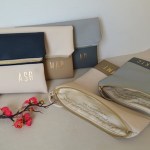 Set of 5 Foldover Clutches with a Message Inside and Gold Initials Outside / Bridesmaids Gift