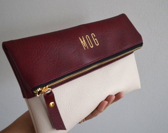 Burgundy and cream foldover clutch, Personalized bridesmaid gift