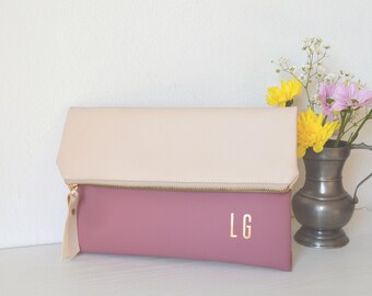 Foldover Clutch, Personalized Clutch Purse, Cream and Mauve Pink Evening Clutch Bag, Wedding Gift