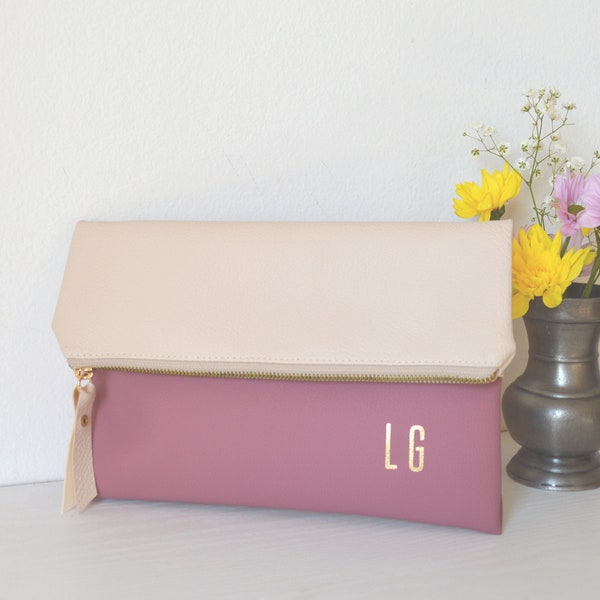 Foldover Clutch, Personalized Clutch Purse, Cream and Mauve Pink Evening Clutch Bag, Wedding Gift