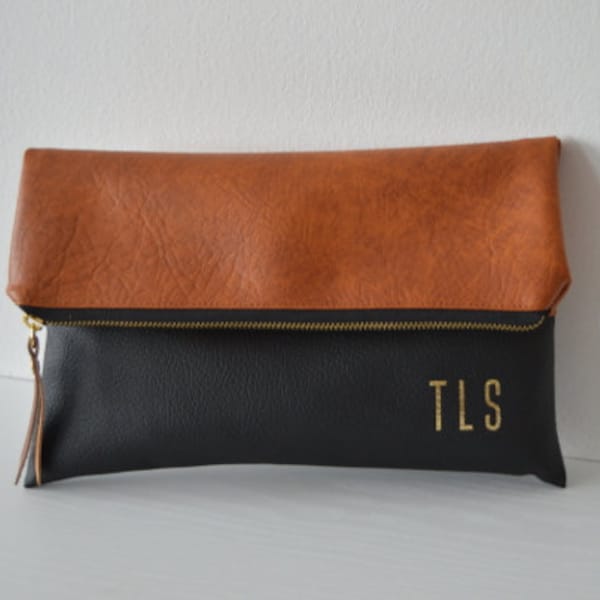 Foldover Monogrammed Clutch Purse, Bridesmaid Gift, Wedding Accessory, Cognac Brown and Black Clutch Bag