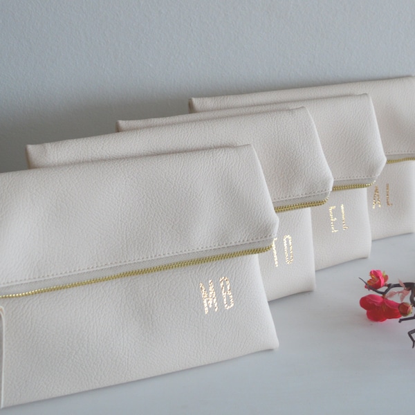 Set of 4 Personalized Foldover Clutches in Cream Color / Bridesmaid Gift / Initials Clutch Purses