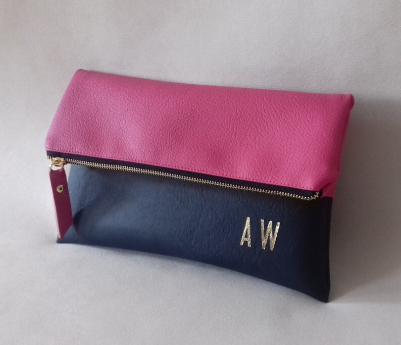 Bright Pink / Navy Foldover Clutch Purse Monogrammed Clutch Etsy