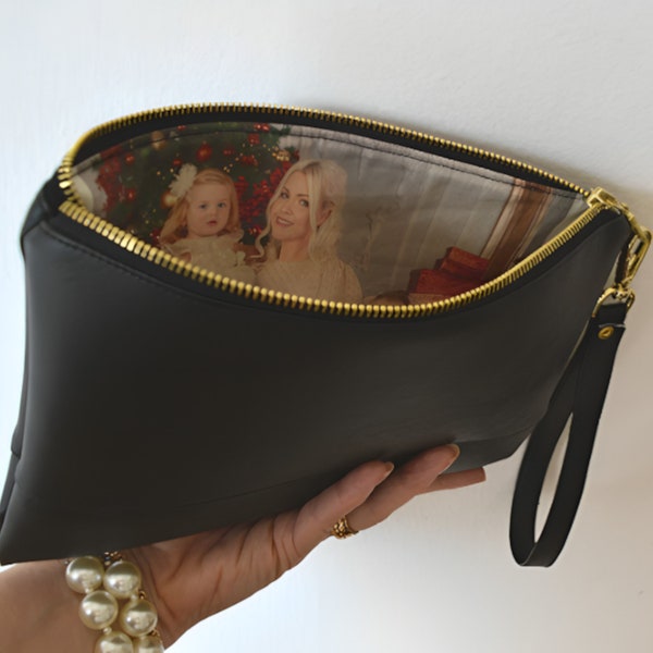 Photo lining Bag, Black Clutch Wristlet, Photo Gifts for Mom