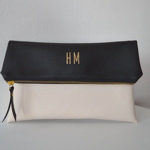 Black and cream foldover clutch, Personalized bridesmaid gift, Vegan leather clutch