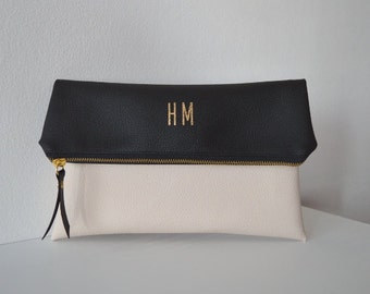 Black and cream foldover clutch, Personalized bridesmaid gift, Vegan leather clutch