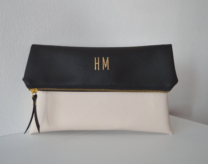 Black and cream foldover clutch, Personalized bridesmaid gift, Vegan leather clutch image 1