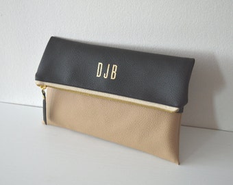 Two-tone Foldover Clutch, Black / Beige Personalized Clutch, Bridesmaid Gift, Wedding Purse, Evening Clutch Bag