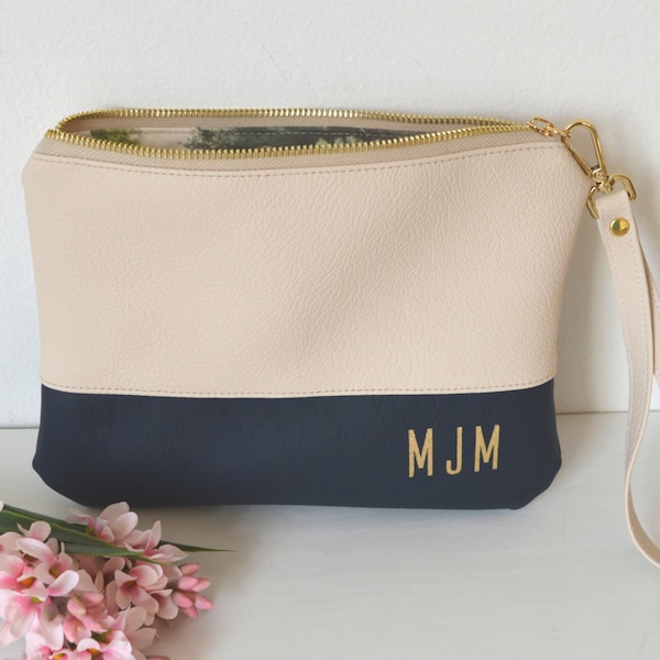 Personalized photo purse with initials, Photo clutch bag, Cream / navy blue bridal wristlet, Gift for her