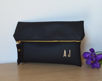 Foldover Black Clutch / Personalized Clutch Bag / Wedding Clutch Purse / Evening Clutch Bag