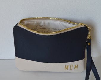 Handwriting Clutch for Mom, Custom Gift for Best Friend, Bridesmaids Gift in Navy Blue and Cream