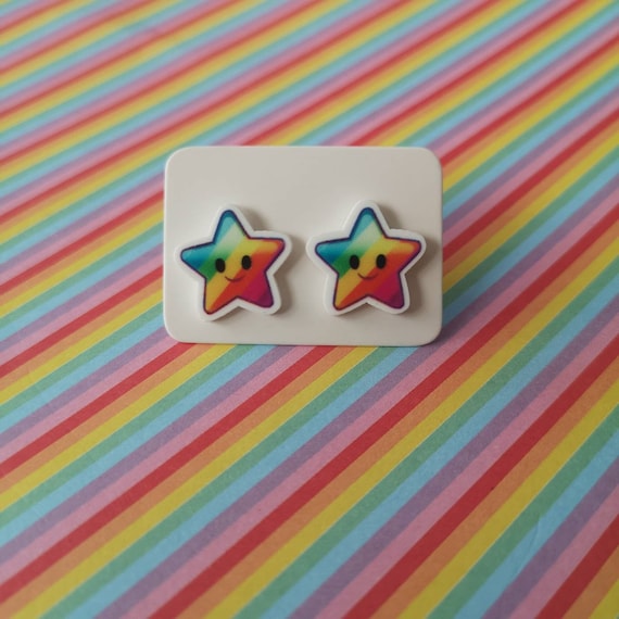 Cute Kawaii Silver Plated Stud Earrings with Butterfly Clasp Blue Yellow Starfish