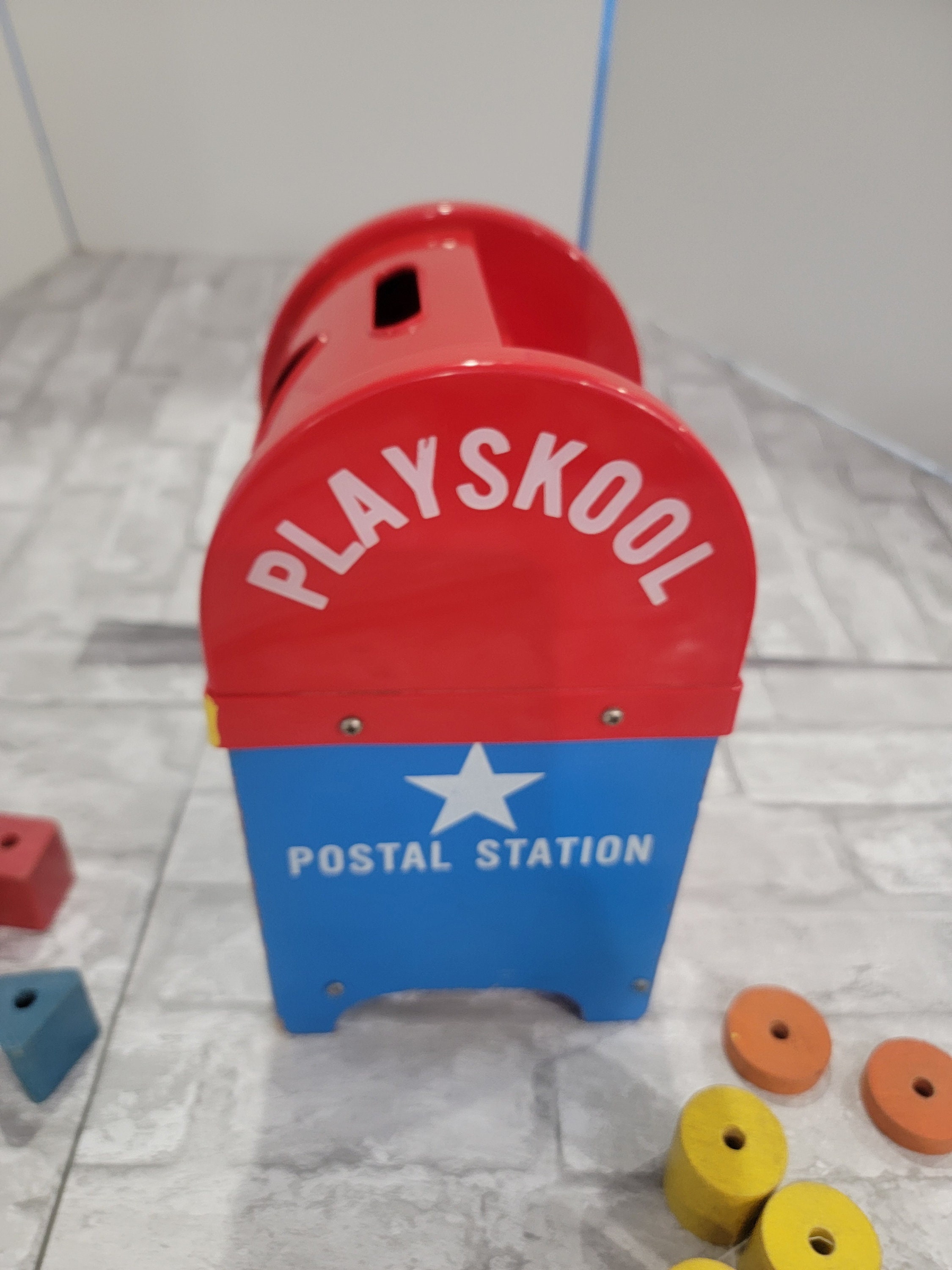 Vintage Playskool Postal Station Shape Toy Mail Box With 9 Wooden
