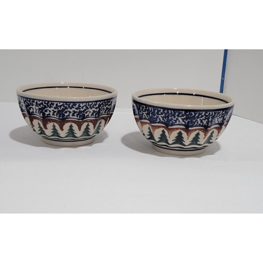 2x Boleslawiec Polish Pottery Ramekin Bowl Christmas Tree Stars Pine ...