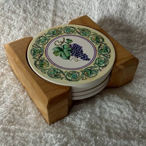 Ceramic Coaster 4 Piece set With Wooden Holder Grape Design