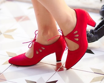 Vintage Inspired Vegan Shoes, Red Suede Shoes, Retro Women Heels,  Red Pumps, Swing Shoes, 50s 60s 70s, Dance Shoes