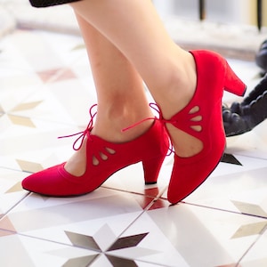 Vintage Inspired Vegan Shoes, Red Suede Shoes, Retro Women Heels,  Red Pumps, Swing Shoes, 50s 60s 70s, Dance Shoes