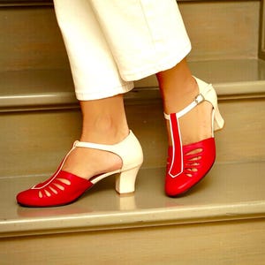Vintage Inspired, Genuine Leather, Retro Women Shoes, Swing Shoes, 50s, 60s, 70s Multicolor Shoes, Swing Dancing Shoes, Cream and Red Shoes
