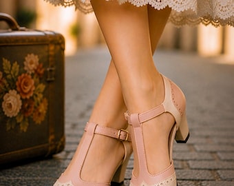 Vintage inspirierte Heels, Retro Mary Jane Schuhe, Handgefertigte Leder Pumps, Swing Tanzschuhe, Burgund Creme Rosa Heels, Swing Tanzschuhe