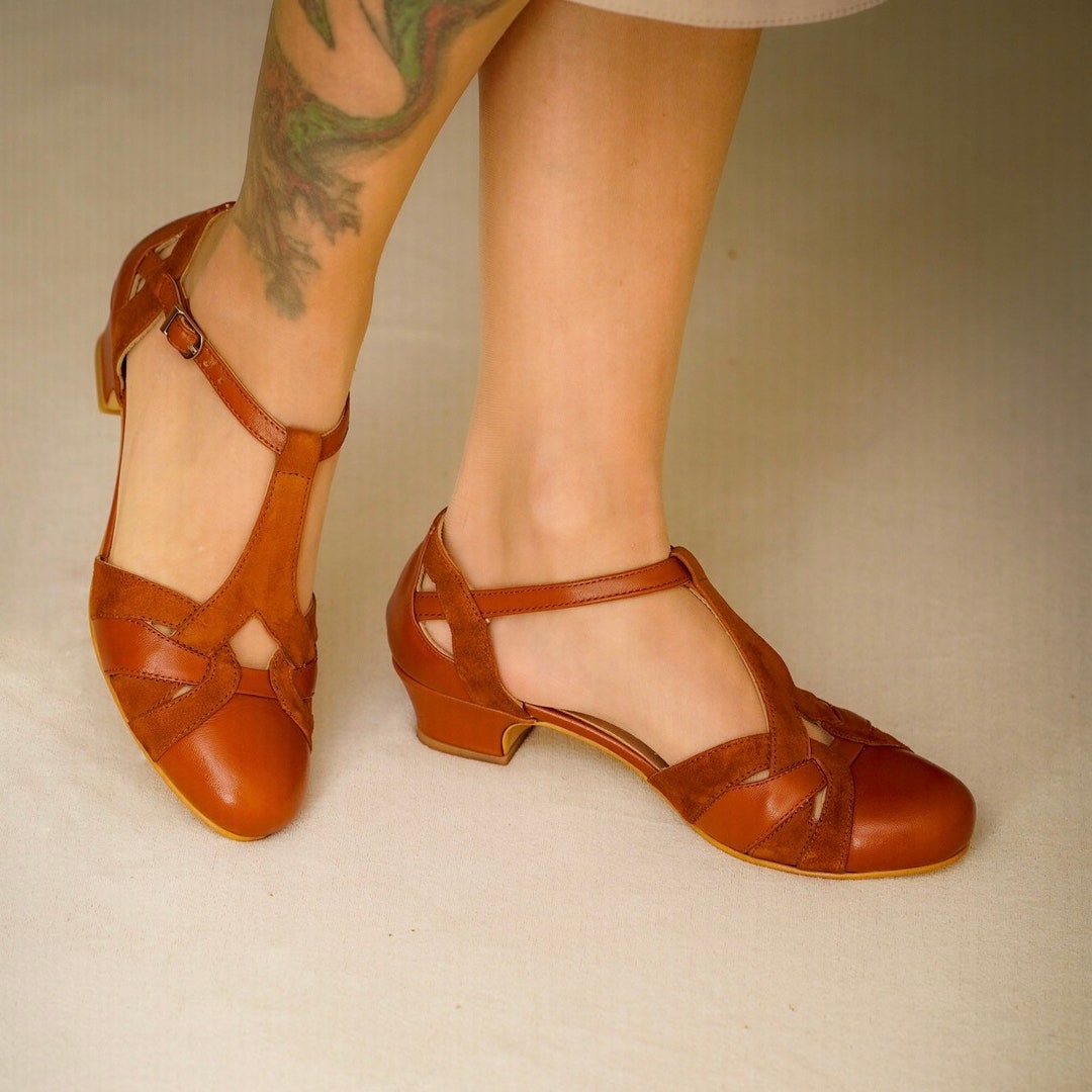 Women Vintage Genuine Leather Mid Heel Shoes 3