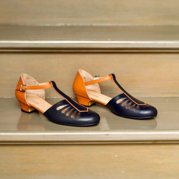 Vintage Inspired, Genuine Leather Shoes, Handmade Women Shoes, Blue and Brown  Shoes, Swing Dancing Shoes, Swing Shoes, 50s Shoes, 70s Shoes