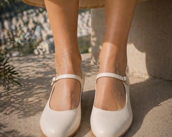 Sapatos Mary Jane cor marfim – Sapatos de couro com salto baixo – Sapatos com tira estilo vintage – Sapatos confortáveis para o dia a dia e para casamentos – Scarpins clássicos feitos à mão