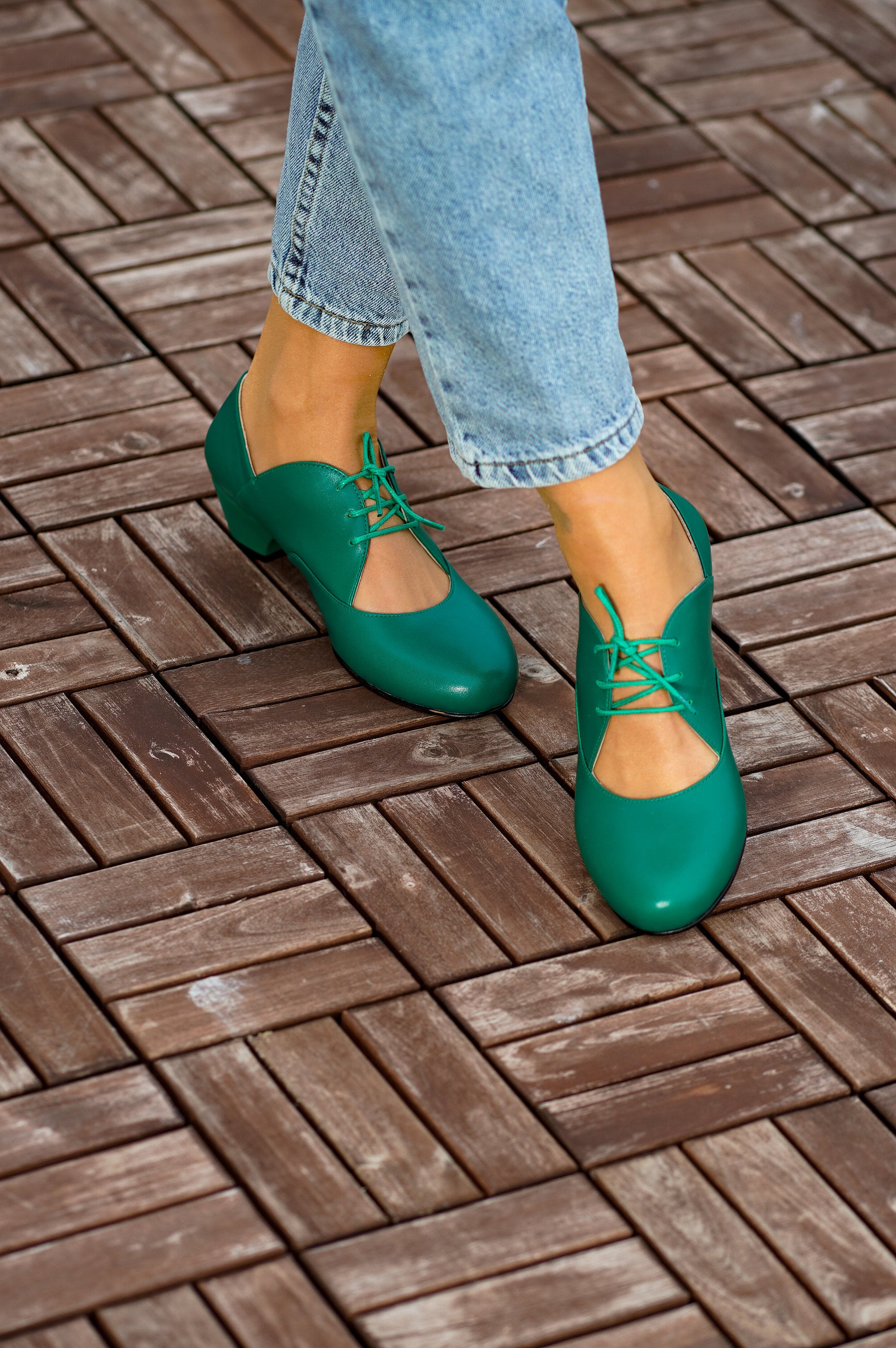 Vintage Inspired Green Shoes, Genuine Leather Shoes, Women Shoes