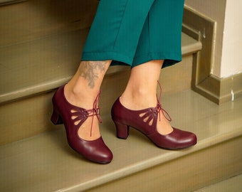 Vintage Inspired Women’s Shoes, Genuine Leather, Handmade Retro Women Shoes, Burgundy Shoes, Swing Dancing Shoes, Bordeaux Swing Shoes, 50s
