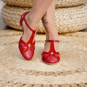 Inspirowane stylem vintage, skóra naturalna, buty damskie retro, czerwone buty, buty mod z lat 60., buty do tańca swingowego